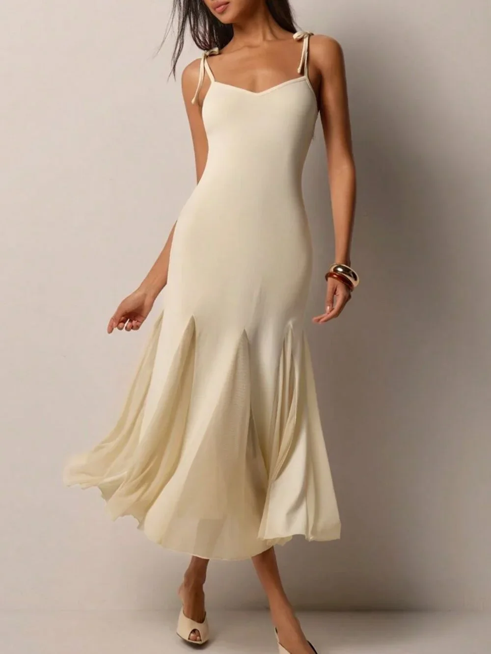Apricot Elegant Women's Casual Tie-strap Patchwork Hem Midi Dress - Picture 5 of 7